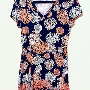 Harlow & Rose Navy and Coral Seashell Print Dress size Small EUC